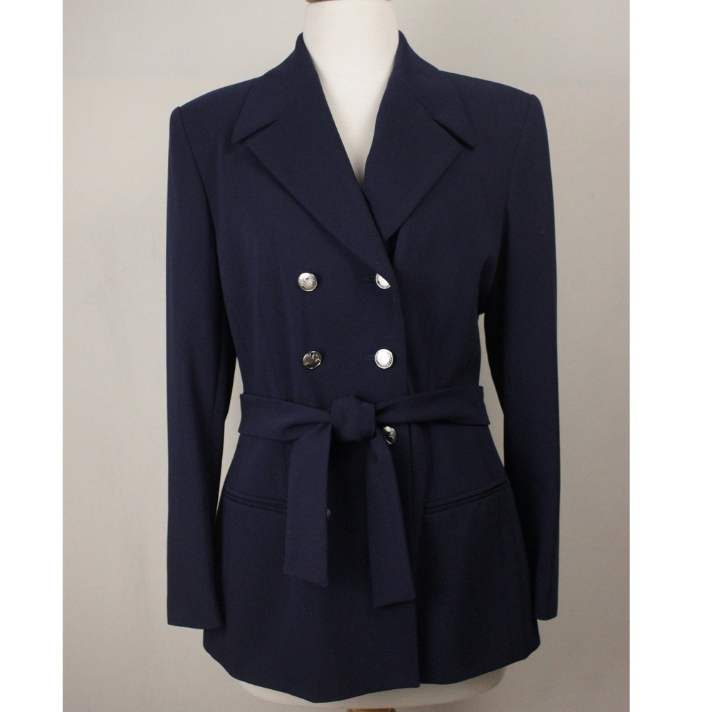 Escada Wool Blazer Navy Gold Buttons Belted Size 36 Tailored Jacket